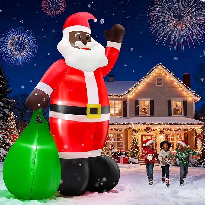 14 Ft by 8.5 Ft Giant Christmas Inflatable Black Santa Holding Gift Bag, African American Christmas Decorations, Blow up Xmas Decor Built in LED Lights for Yard Lawn Garden