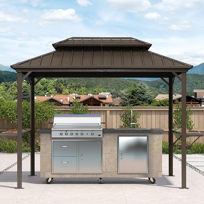 PURPLE LEAF 6.5' X 10' Hardtop Grill Gazebo for Patio Permanent Metal Roof with 2 Side Shelves Deck Yard Tent Aluminum Garden Outside Sun Shade Outdoor BBQ Canopy