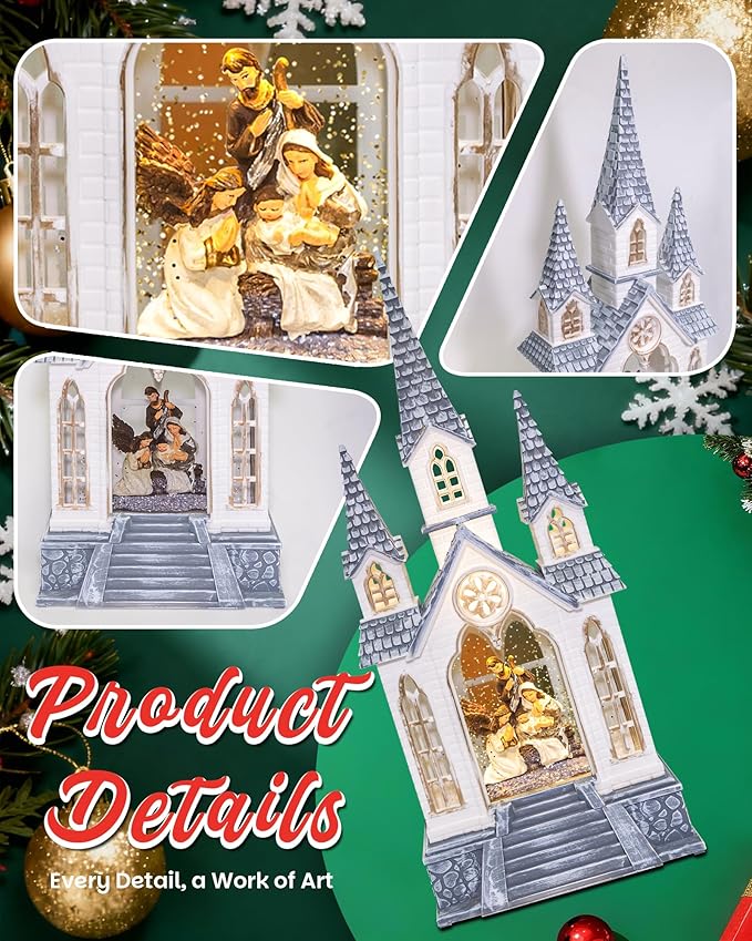 Christmas Church Nativity Snow Globe Light up Snowglobe with Music, 9.84" White Christmas Snow Globes for Kids Adults, 6H Timer & Dual Power, Angle Snowglobes Christmas Decorations Indoor