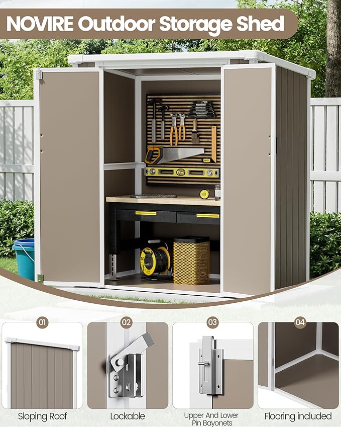 5x3 Resin Garden Sheds & Outdoor Storage on Clearance, Weather-Resistant Plastic Shed with Floor and Lockable Door for Garden Tools, Lawn Mower, Bike, Backyard Organization, Warm Gray
