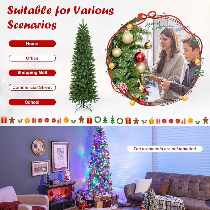 GOFLAME 6ft Pre-lit Pencil Christmas Tree, Artificial Christmas Tree with 270 LED Lights, 10 Light Modes, 648 Branch Tips, Metal Stand, Hinged Xmas Tree for Holiday Festival Decor