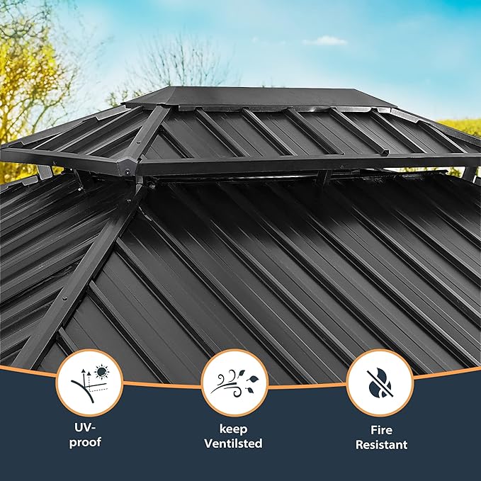 HAPPATIO 10' x 12' Hardtop Gazebo with Netting and Curtains, Double Roof Permanent Patio Metal Gazebo Canopy for Patio, Deck, Backyard （Gray）