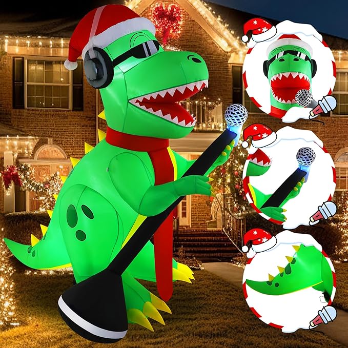 TCFUNDY 6.5FT Christmas Inflatable Dinosaur Singing Outdoor Patio Decoration, Giant Dinosaur with Built-in Bright LED Lights for Christmas Holiday Garden Lawn Decoration