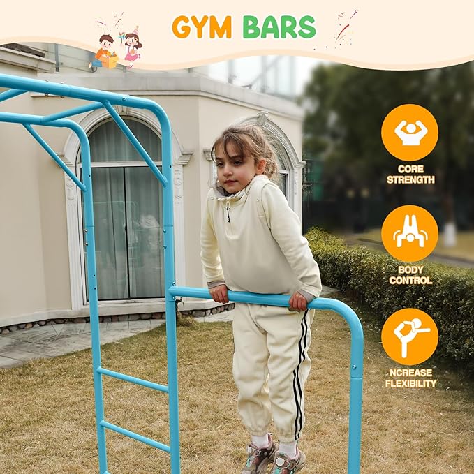 Outdoor Monkey Bar Set for Kids, with Climbing Frame, Gymnastics Bars, Playground Sets for Backyards, Metal Monkey Bars for Kids Age 3+, Backyard Set with Powder Coated Steel, SkyBlue