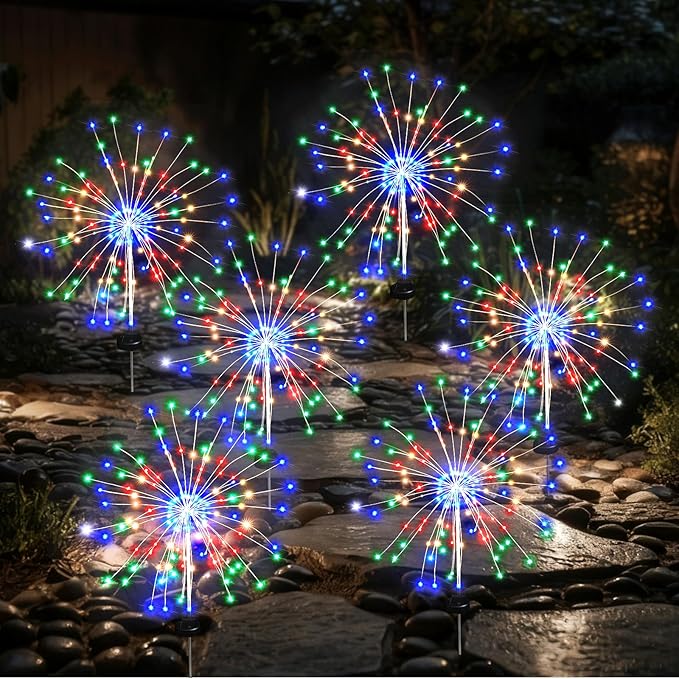 Solar Garden Firework Lights Outdoor Waterproof, 6 Pack Solar Lighting with 8 Lighting Modes, 120 LED Sparklers String Lights for Outside Decor Yard Pathway Halloween Decorations(Colorful)