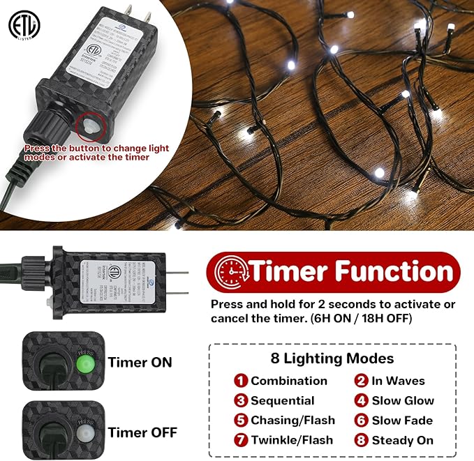 Extra Long 264Ft 800 LED Christmas Lights with Timer, Green Wire Fairy Starry String Lights Plug in, 8 Modes and Memory, forIndoor Outdoor Xmas Tree Wedding Party Decoration,Cool White