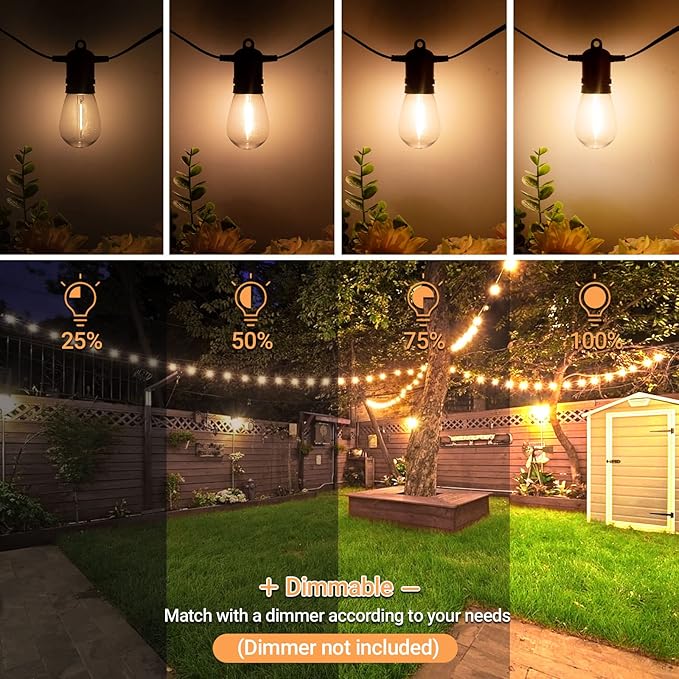 Brightever LED Outdoor String Lights, 100FT Waterproof Heavy Duty Outside Lights for Patio with 32 Shatterproof Dimmable S14 Edison Bulbs, Warm White Outdoor Lighting for House, Backyard, Garden