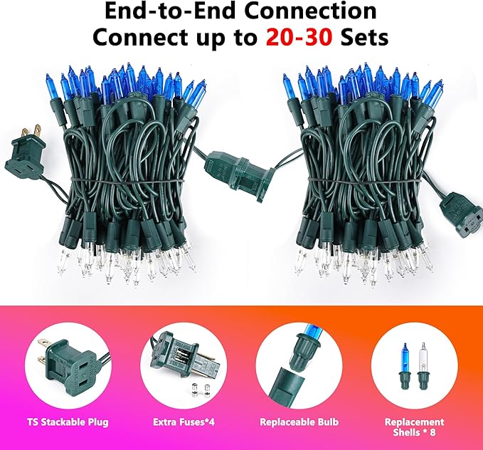 Christmas Lights -2 Pack Total 43FT 200 Count Conectable Waterproof String Lights Brighter Detachable Plug-in Lights Indoor & Outdoor for Christmas Decoration(Blue & White)
