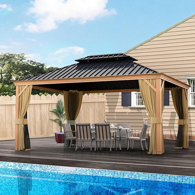 HAPPATIO 12' x 16' Hardtop Gazebo, Outdoor Wood Grain Frame Aluminum Gazebo, Double Roof Permanent Patio Canopy with Netting and Curtains for Garden, Patio, Lawns, Parties (Beige)