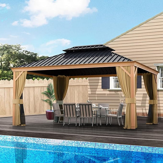 HAPPATIO 12' x 16' Hardtop Gazebo, Outdoor Wood Grain Frame Aluminum Gazebo, Double Roof Permanent Patio Canopy with Netting and Curtains for Garden, Patio, Lawns, Parties (Beige)