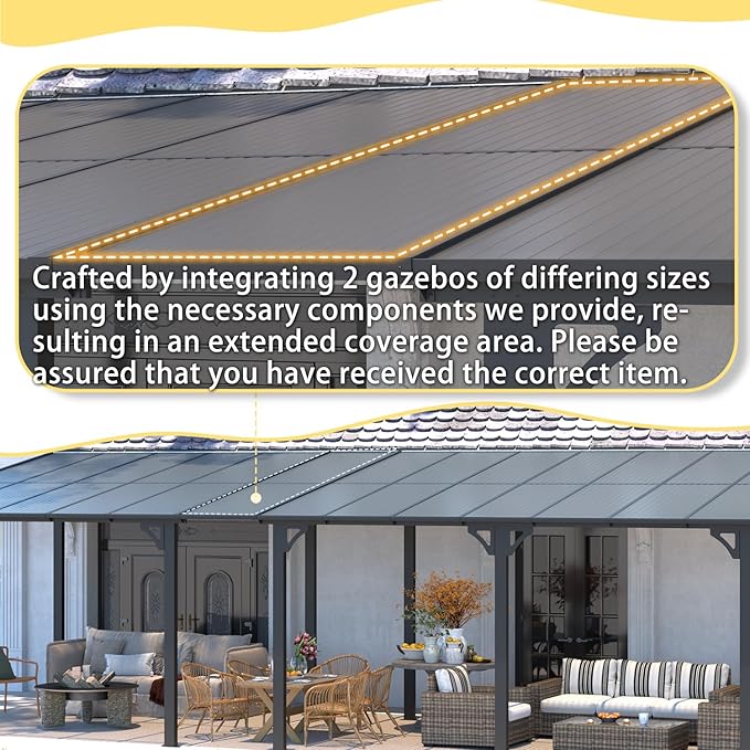 AECOJOY 22' x 10' Gazebo for Patio, Large Wall-Mounted Hard Top Lean-to Gazebo Pergola with Roof 10' x 22' on Clearance, Heavy Duty Patio Awnings for Decks, Backyard