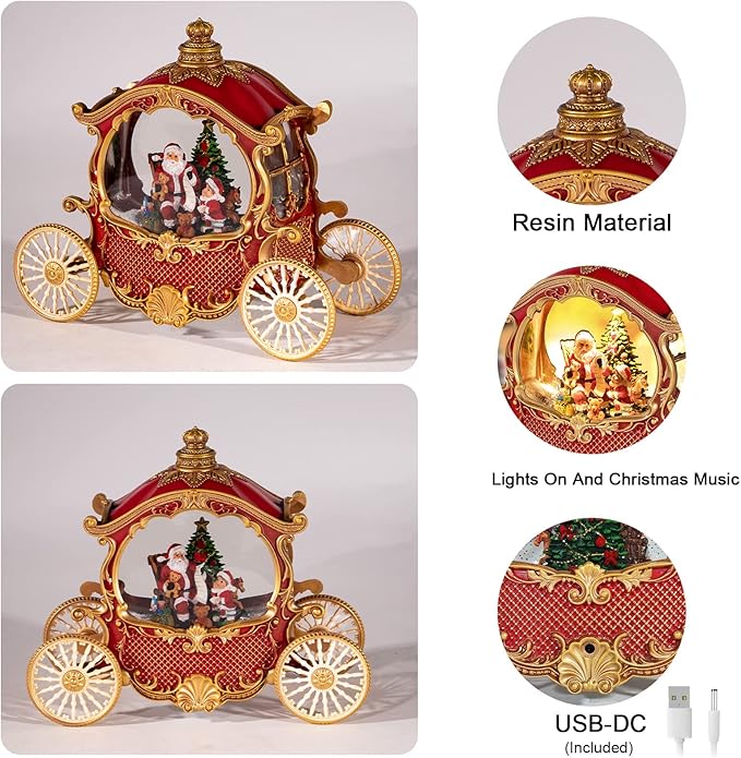 Christmas Snow Globes,Christmas Carriage Snow Globe with 8 Music & Timer, Battery Or USB Cable Powered Operated Glittering for Christmas Table Centerpiece Decoration.Gift- Santa,Christmas Tree