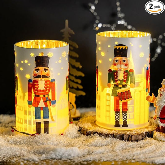 Christmas Decorations Indoor,Battery Operated Mercury Glass Latern,LED Lights Cylinder with Nutcracker Patterns,Christmas Decor for Table,Gifts for Kids (Nutcracker White)