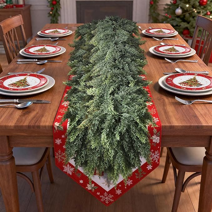 9 FT Christmas Cedar Garlands, Artificial Realistic Winter Cedar Pine Garland, Real Touch Greenery Garland for Fireplace,Table, Mantle, Wall, Indoor, Outdoor Home Party Decorations (1, 9FT)