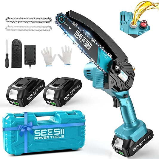 SEESII Mini Chainsaw 6 inch,Cordless Chainsaw w/ 2x2000mAh Batteries,Oiler System & Replacement Chain,Handheld Electric Chain Saw w/Safety Lock,Battery Powered Chainsaw for Wood Tree Cutting, CH600+