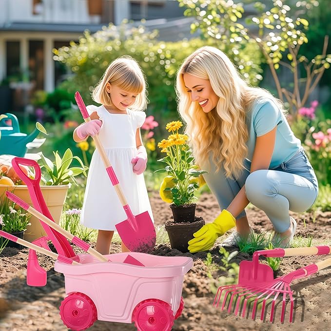Duckura Kids Gardening Tools Set - 7pcs Wheelbarrow Set for Kids with Shovel, Rake, Leaf Rake, Summer Outdoor Yard Digging Weed Toys, Christmas Birthday Gifts for Boys Girls Age 2 3+ Years Old(Pink)