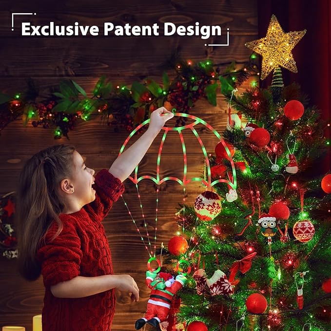 Christmas Decorations Lights Outdoor, 2.8ft LED Christmas Parachute Light with Santa Claus, 8 Modes & Timer Battery Operated Hanging Xmas Lights for Roof Eave Balcony Home Garden Decor (Red Green)