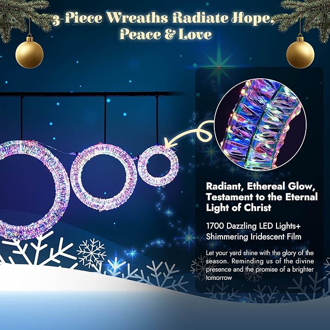 Yescom 3pcs Pre Lit 1700 LED Lighted Christmas Wreath Decoration 110V with Hooks No Drilling for Indoor Outdoor Event Festive Door Wall Decor Holiday Ornament, 2025 Xmas