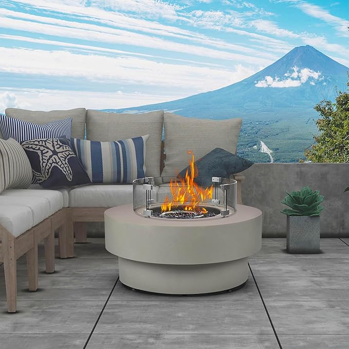 32.5-inch Outdoor Gas Fire Pit Table with Natural Gas Conversion Kit & Wind Glass Shield, 50,000BTU Propane Gas Fire Pits for Outside Patio w/Round Burner Lid, Glass Rocks, Cover