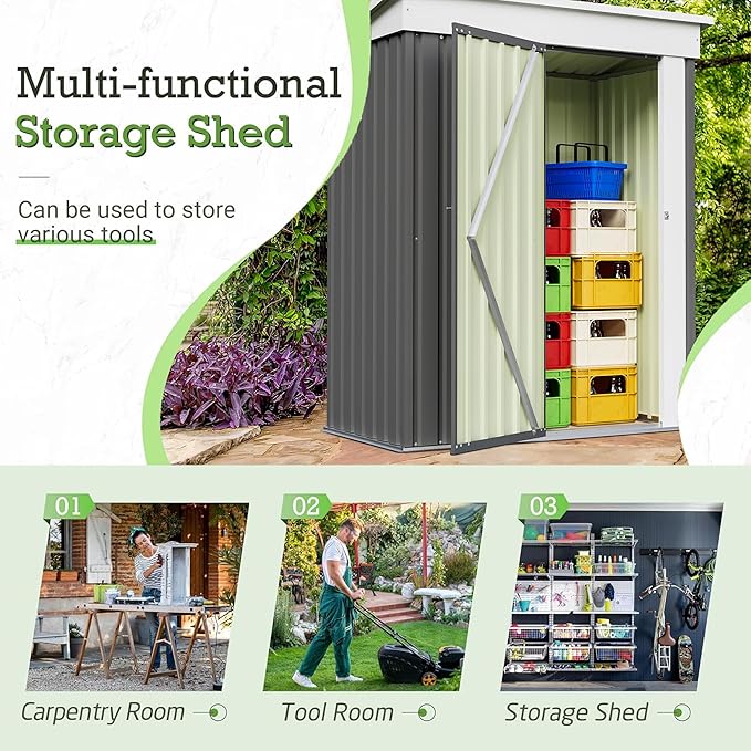 Furniwell 5x3 FT Outdoor Storage Shed, Metal Garden Sheds Outdoor Storage House with Single Lockable Door for Backyard Patio Lawn, Gray
