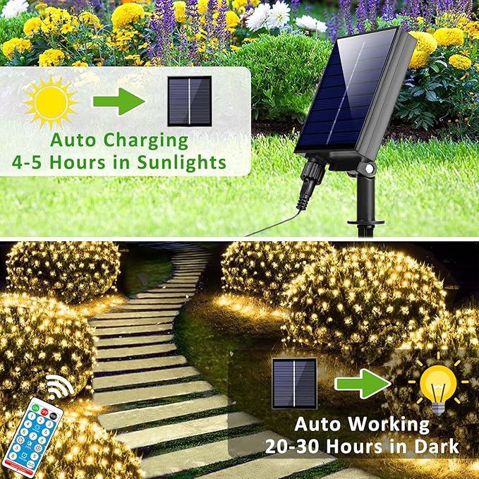 11.5ft x 5ft Solar Net Lights Outdoor, Solar & USB 2 Power Way 240 LED Waterproof Mesh Lights for Bushes, Remote Control 8 Modes String Light Trees Patio Garden Christmas Indoor Decor (Warm White)