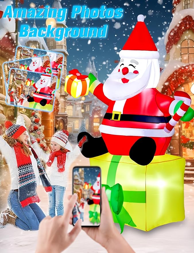 6FT Christmas Inflatables Outdoor Decorations,Inflatable Santa Claus Sitting on Gift Box Build-in LED Light-Christmas Blow Up Yard Decorations for Holiday Garden Lawn Yard Patio