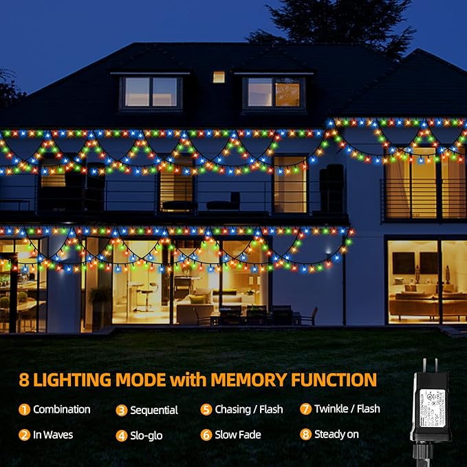 XTF2015 Christmas Lights Outdoor Color Changing 40FT 380 LED Christmas String Lights Extendable 8 Modes, Waterproof Half Round Christma s Light for House Roof Eaves Garden Patio(Multicolor)