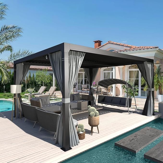 EROMMY Louvered Pergola 10' x 12', Outdoor Aluminum Pergola with Adjustable Rainproof Roof for Garden, Patio, Deck, Waterproof Curtains and Netting Included, Gray-Black