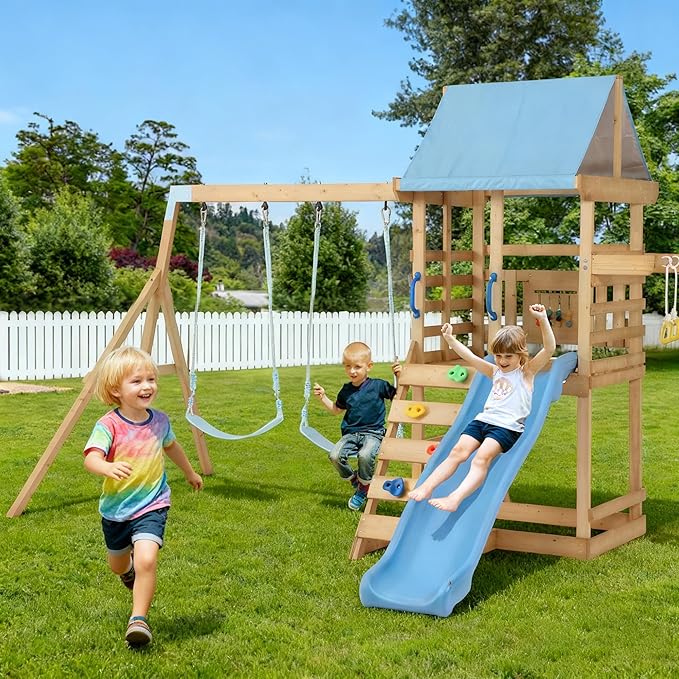 Spruce Wood Swing Set with Wave Slide, Belt Swings, Play Deck, Rock Wall Ladder, Pull up Rings and Puzzle Chess Board, Canopy Roof Outdoor Playset for Backyard
