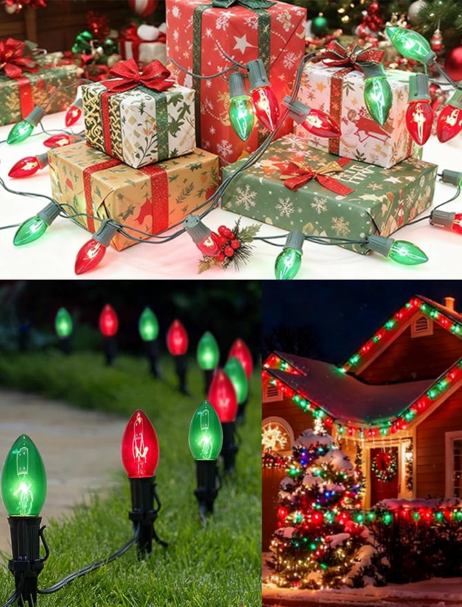 25Ft C9 Red and Green Christmas Lights Outdoor, C9 Vintage Christmas String Lights with 27 Clear Red Green Bulbs, Hanging Outdoor Christmas Lights for Backyard Prom Roofline Path Party Garden Decor