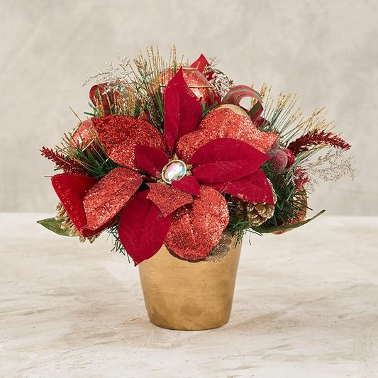 Holiday Tree Christmas Centerpiece - Red Poinsettia Centerpiece with Pot - Handcrafted Glittery Poinsettias, Faux Florals, Foliage, Berries and Ornaments with Red Plaid Ribbon