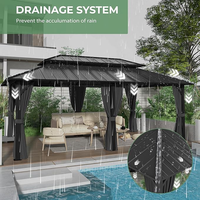 12' x 20' Hardtop Gazebo, Aluminum Frame Gazebo with Double Galvanized Steel Roof, Outdoor Permanent Pavilion with Netting & Curtains for Backyard, Garden, or Deck, Grey