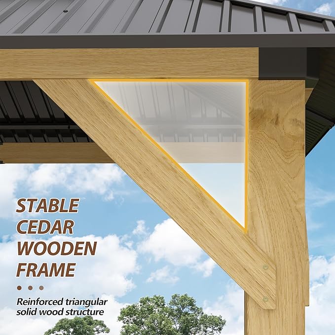 10 x 12 FT Wood Gazebo,Outdoor Wooden Hardtop Gazebo with Galvanized Steel Doule Roof,Cedar Wood Frame Gazebos for Patio Backyard Deck