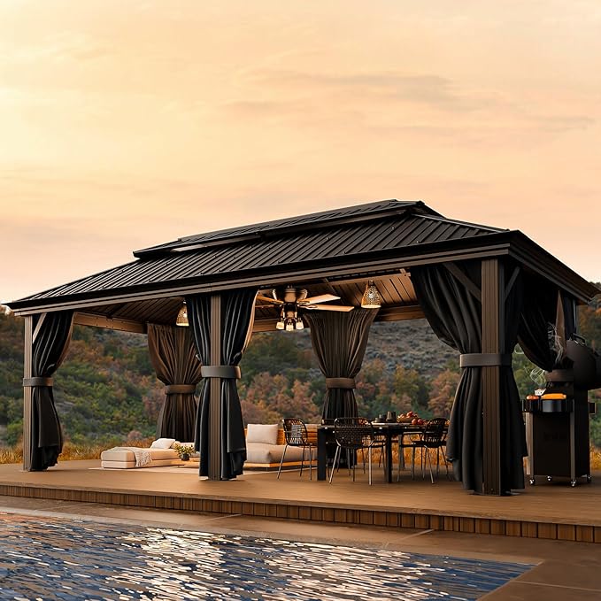 HOTEEL 12x20 Hardtop Gazebo on clearance with Metal Roof & Drainage System, Heavy Duty Galvanized Steel Gazebo with Aluminum Frame, Privacy Curtains and Netting, for All-Weather, Black (2025 Upgraded)