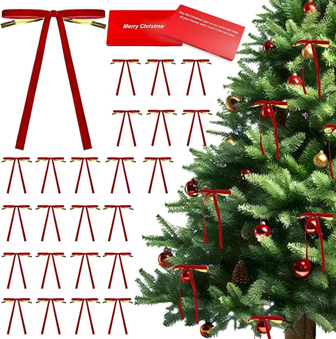 24 Pcs Velvet Bows for Christmas Tree Ribbon Bows for Home Tree Garland Wreath Indoor Rustic Crafts Gift Xmas Decorations Holiday Wedding Outdoor (Red)