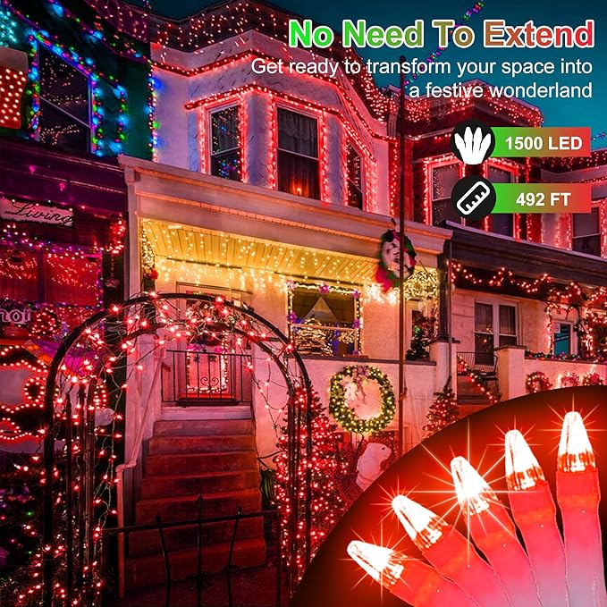 1500 LED Christmas Lights - Outdoor Use, 492ft Fairy Lights with 8 Modes, IP44 Waterproof for Xmas Patio, Yard, Fence, Deck, Balcony, Garden Decor in Red