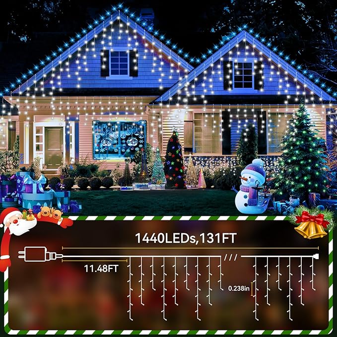 131FT Christmas Lights Outdoor 1440 LED Christmas Decorations Waterproof Plug in with 8 Modes & Timer Christmas Lights for Roof Party Garden Holiday Decor (Cool White)