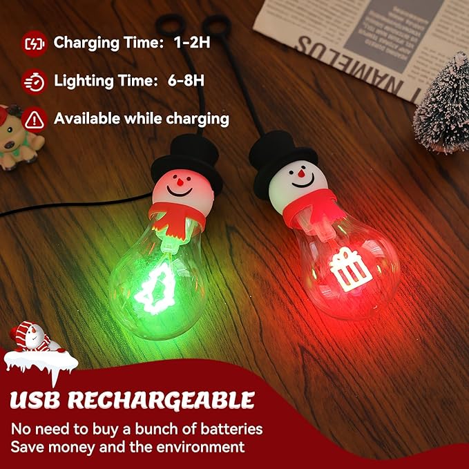 Brightever 4-Pack Hanging Christmas Lights for Christmas Tree Decor, USB Rechargeable Christmas Light Bulbs Portable Decorations with Xmas Elements Filament, Great Gift for Coworkers, Friends
