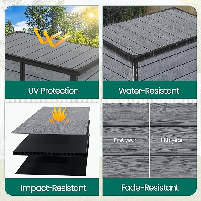 5×3 FT Vertical Outdoor Storage Shed, 56.8 Cu.Ft Resin Storage Cabinet with Lockable Double Doors, Weather-Resistant Tool Shed for Garden, Patio, and Backyard Equipment (Woodgrain Gray)