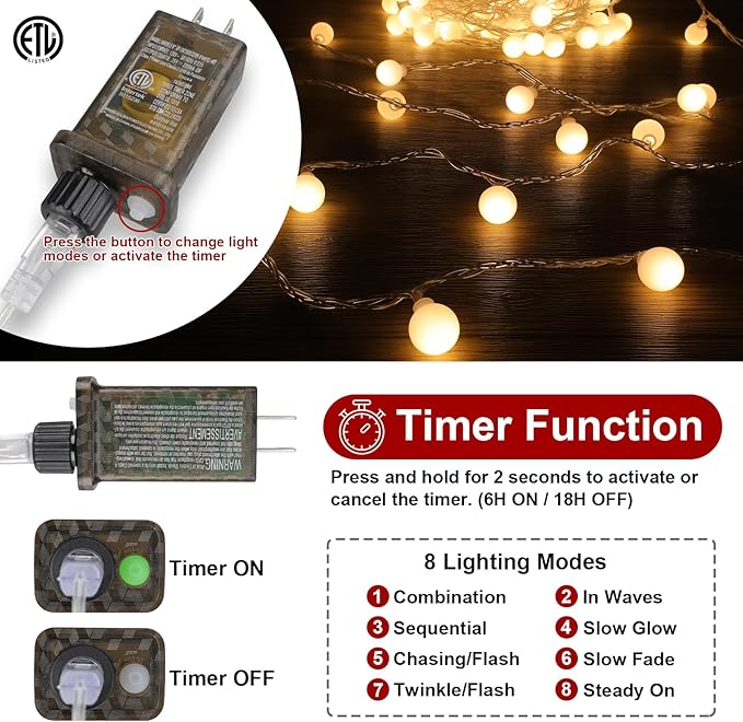 33FT 100LED Christmas Globe Lights Plug in 8 Modes with Remote,Indoor Outdoor Christmas Fairy Lights for Bedroom Party Wedding Garden Christmas Tree Decor(Warm White)