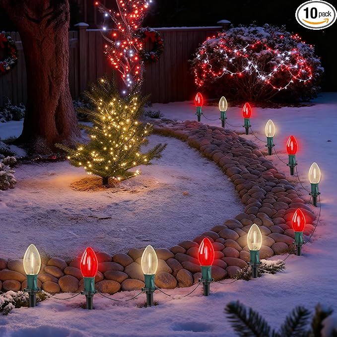 19.5FT Red and White C9 Christmas Pathway Lights, Outdoor LED String Lights with 10 Connectable Bulbs, Waterproof Yard Decor for Walkway, Driveway, Garden, and Holiday Lighting