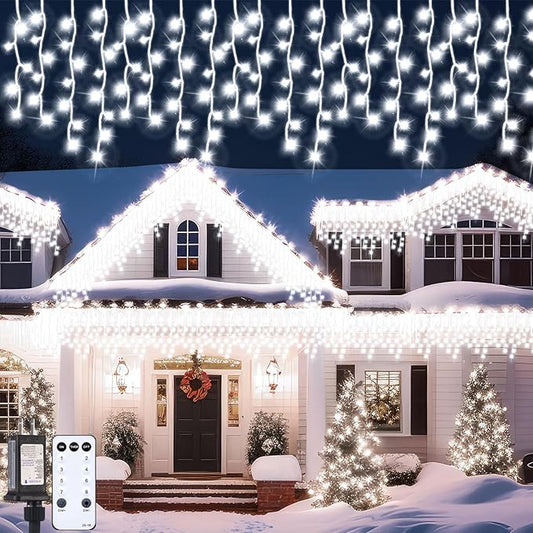 118 ft 1248 LED Christmas Outdoor Icicle Lights LED Fairy String Hanging Lights Waterproof with 8 Modes Timer for Christmas Decorations Wedding Holiday Party Roof Yard, White