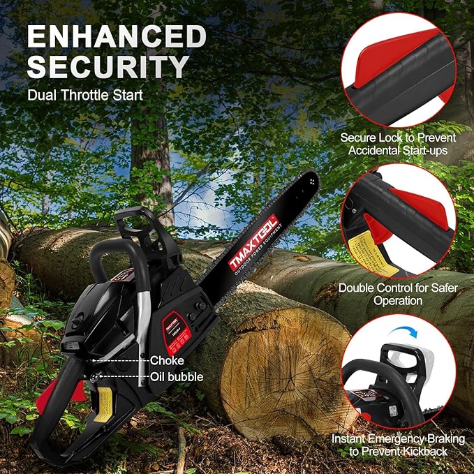 62cc Gas Chainsaw, 20 Inch 16Inch Chain Saw, Gas Powered Chainsaws, 2-Stroke 3.5-HP Gasoline Power Chain Saws with Automatic Oiler for for Wood Cutting and Tree Trimming, Easy-Start, Black