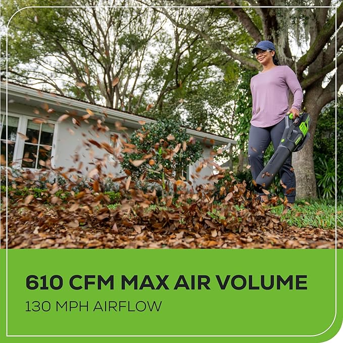 Greenworks 60V (610 CFM / 130 MPH) Cordless Leaf Blower, High Power, Lightweight & Quiet Operation for Wet Leaves, Driveways and Dense Gravel, Includes 2.5Ah Battery & 5A Rapid Charger
