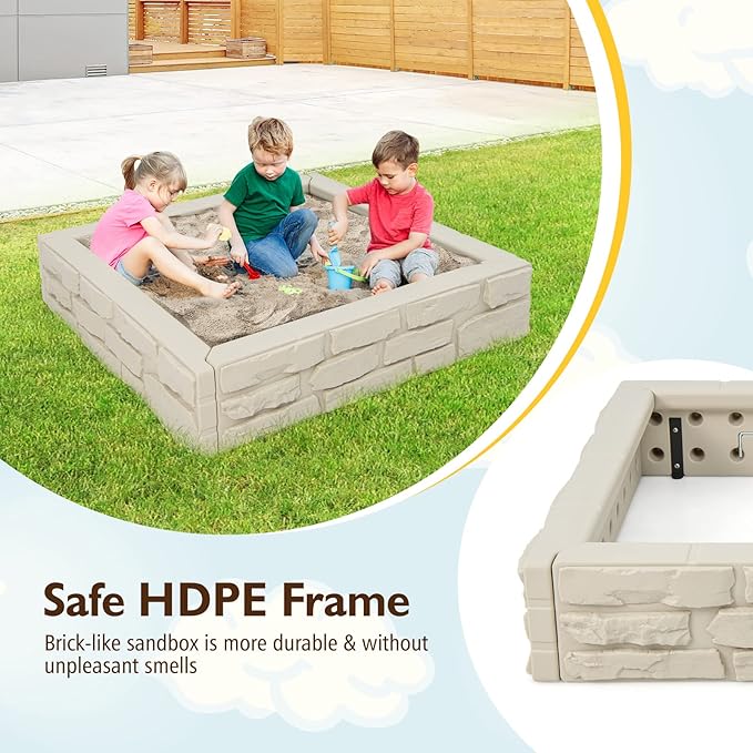 Costzon Kids Sandbox with Cover, 47x 47 HDPE Sand Box w/Oxford Cover, Bottom Liner, Reinforced Structure, Weather Resistant Outdoor Sand Pit for Backyard Lawn Garden Beach (Oxide White)