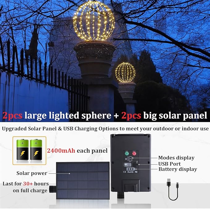 Outdoor Hanging Lighted Sphere Solar, Christmas Decoration Light Balls, 2 in 1 Warm White and Multicolor Chandelier, 208 LED 16" Large Iron Frame Foldable Globe for Patio Tree Gazebo Decor (2PK Solar)