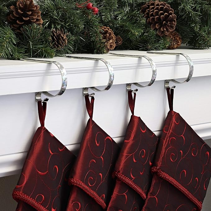 Haute Decor The Original MantleClip Stocking Holder - 4 Pack (Prismatic Silver) - Hang Christmas Stockings Safely and Securely from Mantels Up to 3 Inches Thick