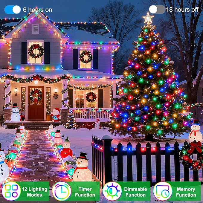 340 LED 90FT Christmas String Lights Outdoor, 12 Pro Modes and Timer Memory & Brightness, Plug in Waterproof Dark Green Wire Twinkle Light for for Xmas Yard Tree Wedding Party Decor (Multicolor)