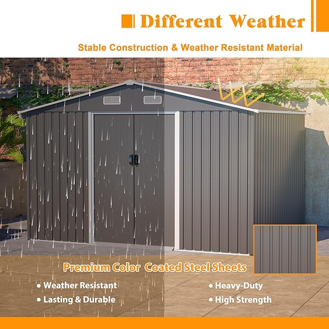 10x8 FT Sheds & Outdoor Storage Shed with Floor Frame, Metal Shed Included Lockable Sliding Door and Air Vents Foundation Steel Garden Shed with Waterproof Roof Ideal for Backyard Patio (Dark Gray