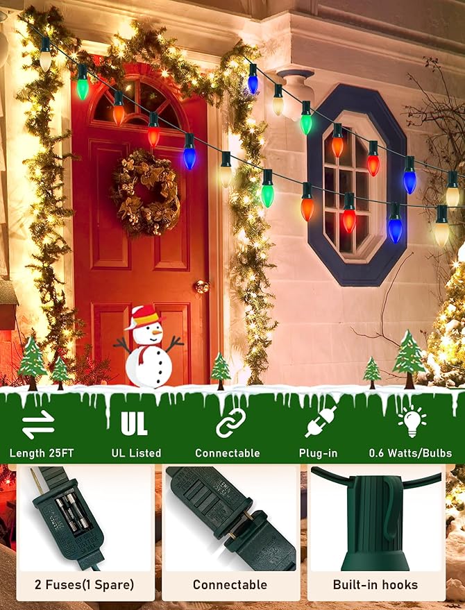 C9 LED Christmas Lights Outdoor 25Ft Outdoor Christmas Decorations String Light Waterproof with 26 C9 LED Multicolor Bulbs, Hanging Vintage Christmas Lights for Patio Roofline Garden Holiday Party